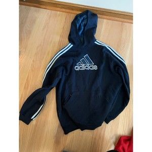 ADIDAS Boys' Athletic Pullover Hoodie Navy Blue White Stripes XL